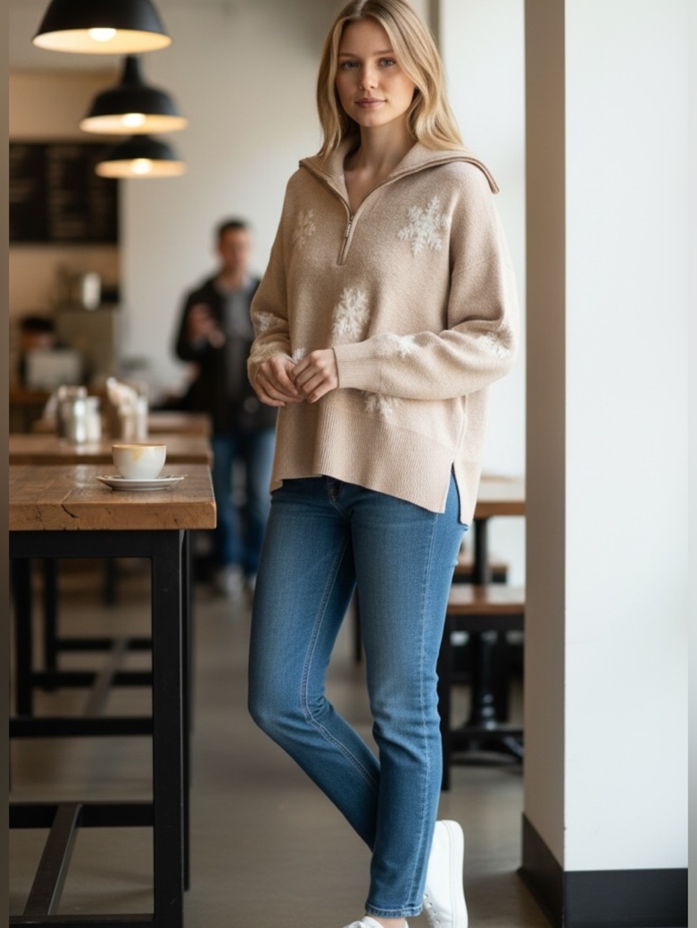 Rachel Zoe Beige Half-Zip Snowflake Sweater